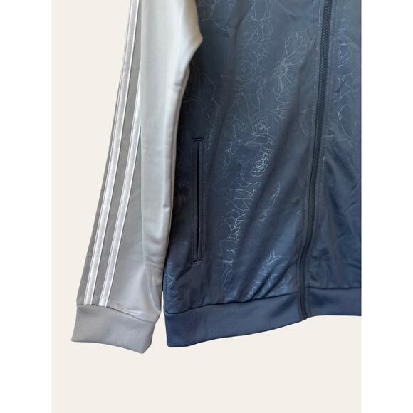 Adidas Floral Embossed Blue Zip Up Striped Sleeve Athletic Track Jacket Size S - Picture 5 of 7